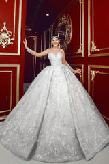 White Wedding Dress Sweetheart Beaded Illusion Sleeves Sequined Ball Gown Long Tulle Bridal Gown With Pearls And Appliques