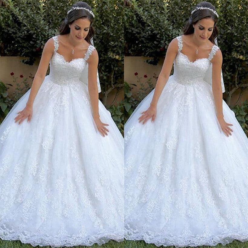 White Wedding Dress Tulle Lace Appliques Ball Gown Bridal Dress