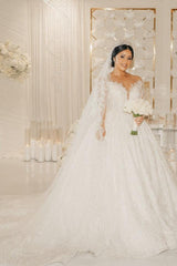 White Wedding Dress V Neck Lace Sequined Ball Gown Long Sleeves Cathedral Train Bridal Gown