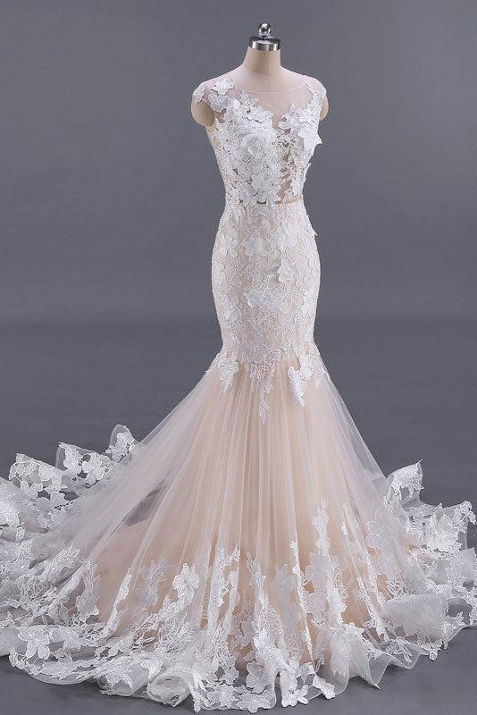 White and Champagne Tulle Lace Appliques Mermaid Bridal Dress