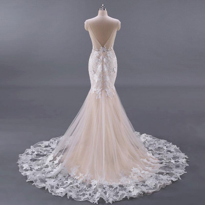 White and Champagne Tulle Lace Appliques Mermaid Bridal Dress