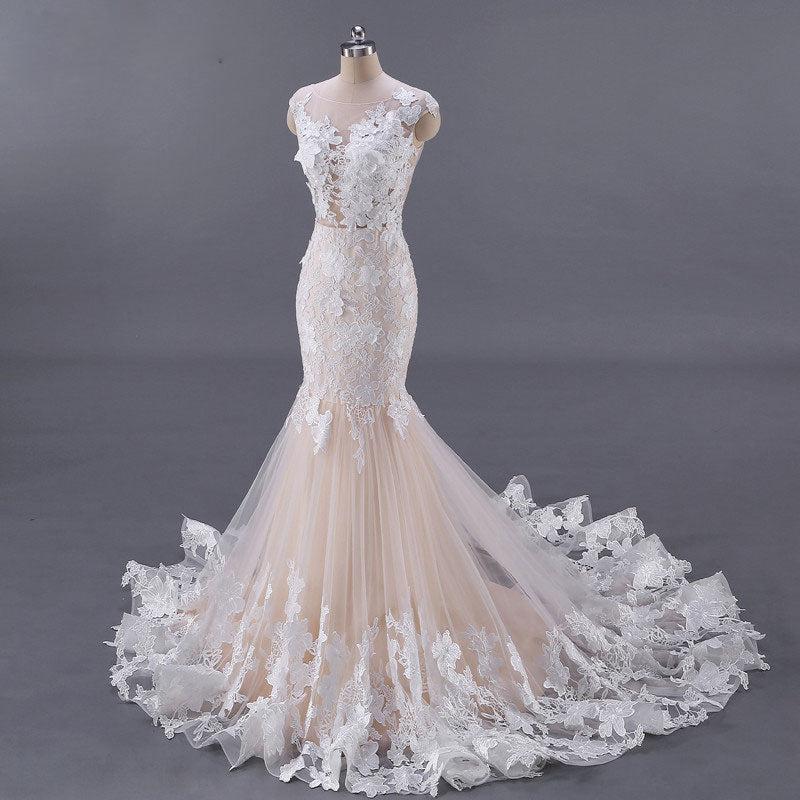White and Champagne Tulle Lace Appliques Mermaid Bridal Dress