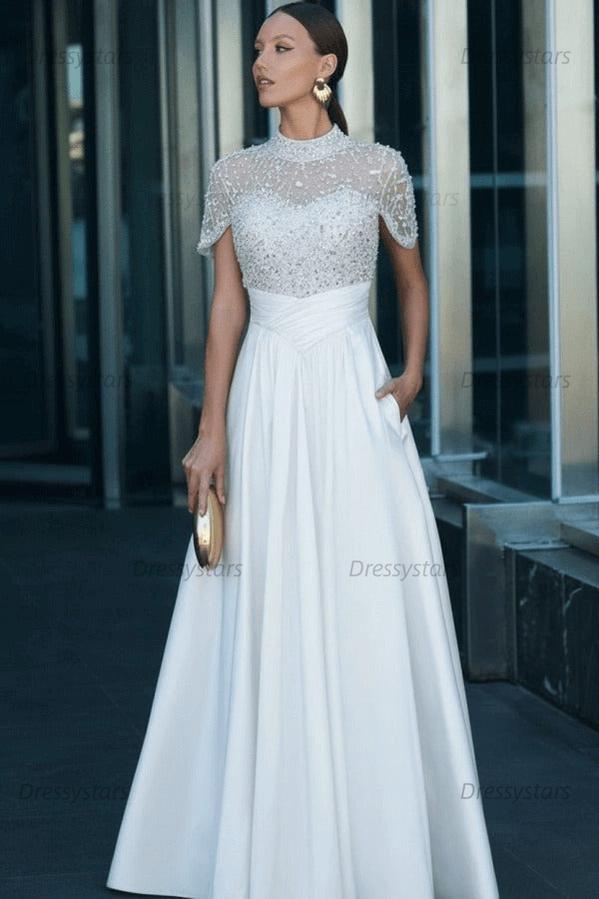 Green A Line Prom Dress Short Sleeve High Neck Formal Dress With Beadings and Rhinestones