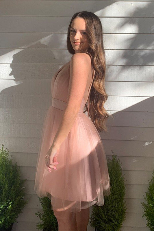 Winifred Homecoming Dress Pretty A Line Blush Deep V neck Tulle Short Party Cocktail Dress