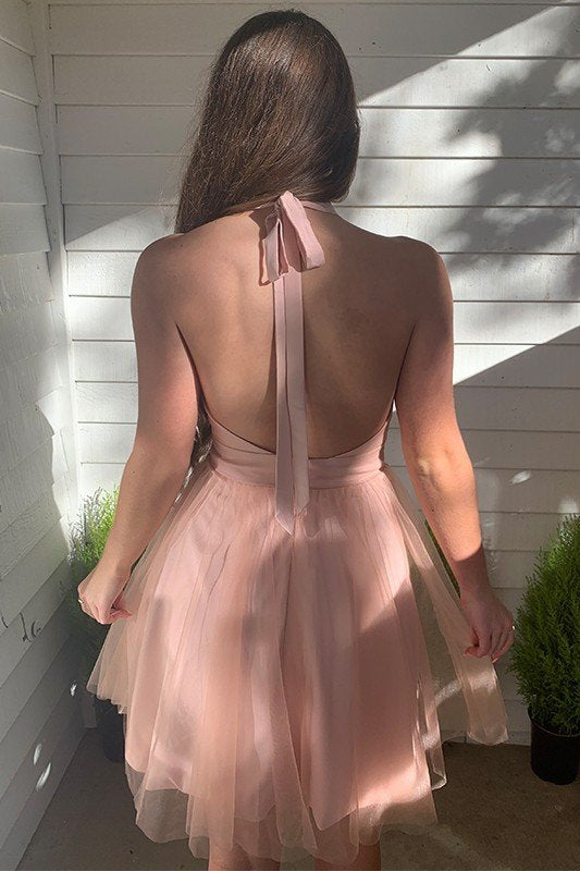 Winifred Homecoming Dress Pretty A Line Blush Deep V neck Tulle Short Party Cocktail Dress