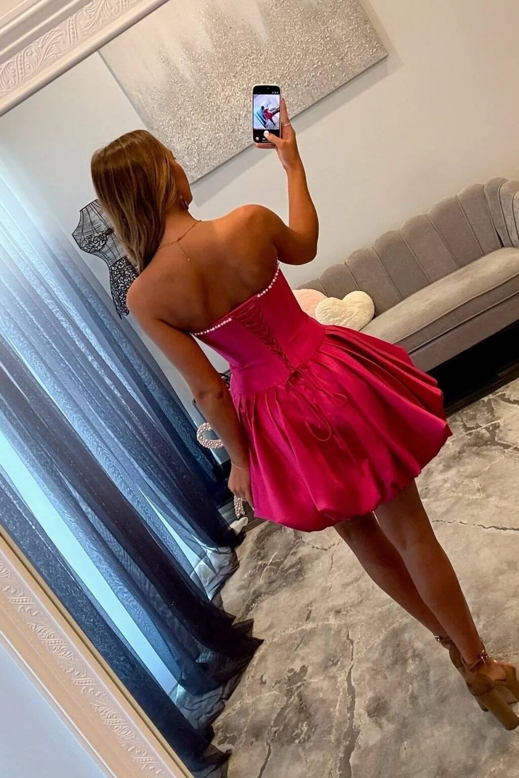 Dressystars Strapless Rose Accent Satin Mini Short Homecoming Dresses