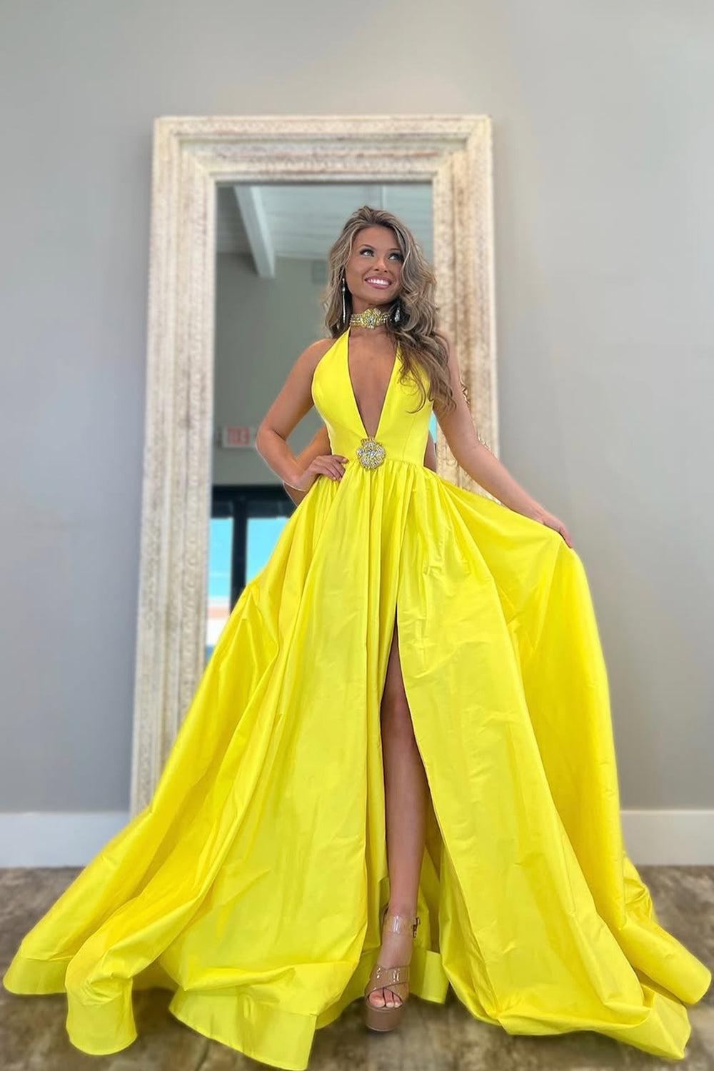 Yellow A-Line Long Satin Prom Dress With Deep V-Neck And Beading Formal Evening Gown