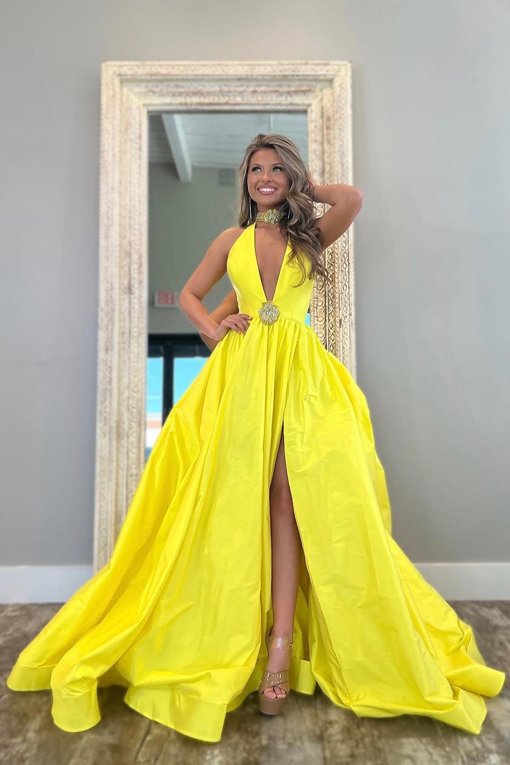 Yellow A-Line Long Satin Prom Dress With Deep V-Neck And Beading Formal Evening Gown