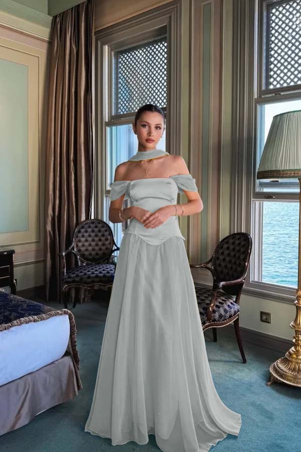 Yellow A Line Prom Dress Cap Sleeve Off the Shoulder Formal Dress