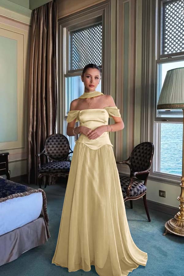 Yellow A Line Prom Dress Cap Sleeve Off the Shoulder Formal Dress
