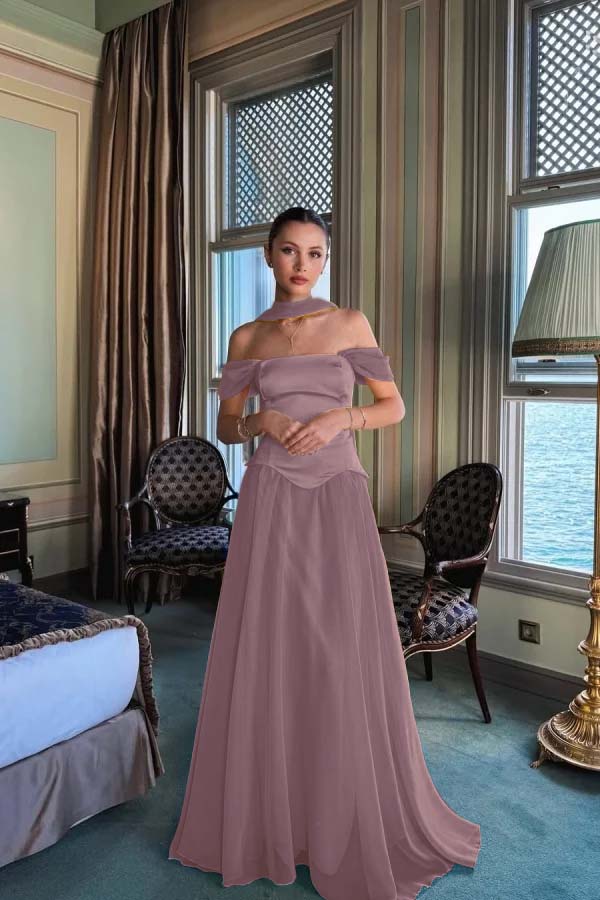Yellow A Line Prom Dress Cap Sleeve Off the Shoulder Formal Dress