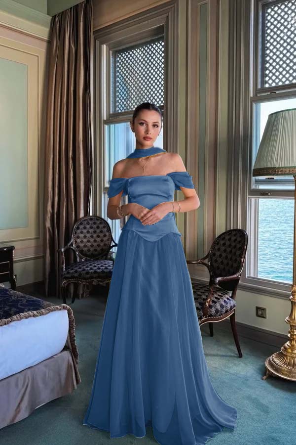 Yellow A Line Prom Dress Cap Sleeve Off the Shoulder Formal Dress