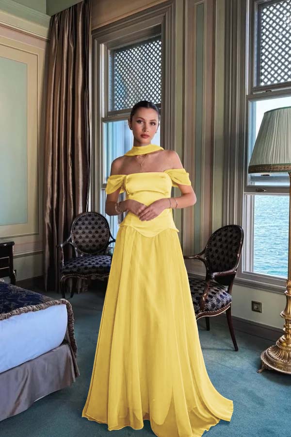 Yellow A Line Prom Dress Cap Sleeve Off the Shoulder Formal Dress