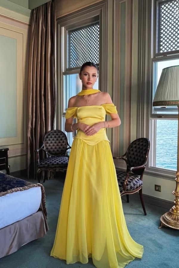Yellow A Line Prom Dress Cap Sleeve Off the Shoulder Formal Dress