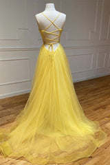Yellow A Line Prom Dress Sleeveless Halter Neck Formal Dress