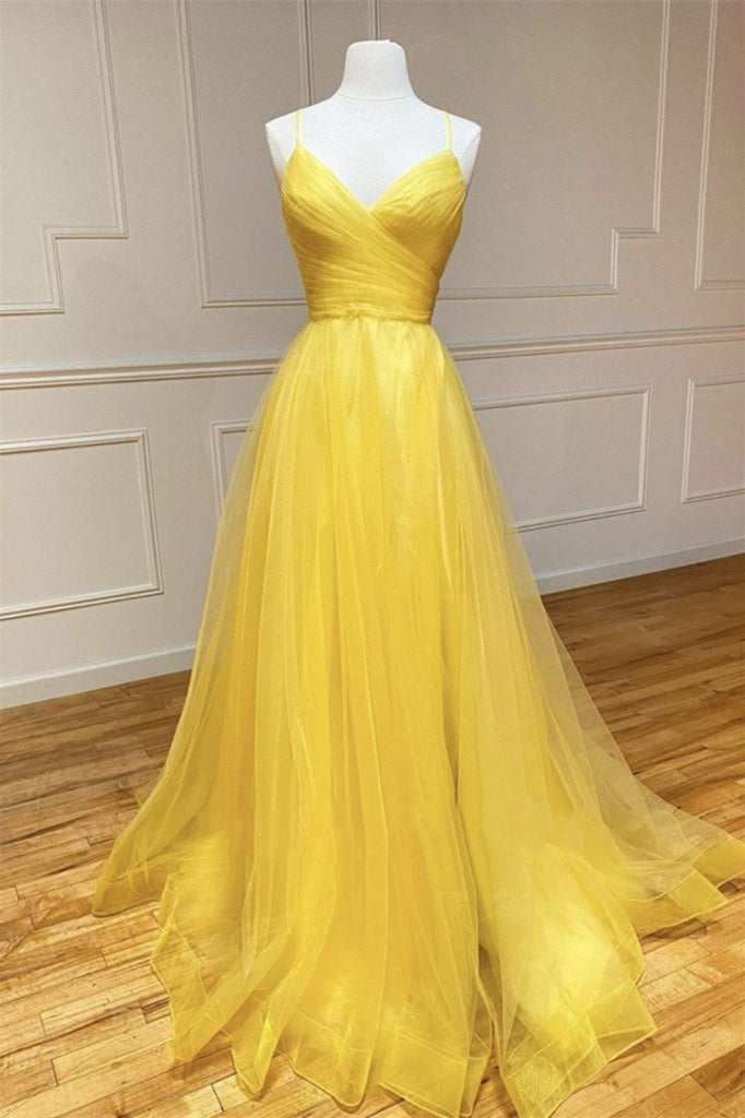 Yellow A Line Prom Dress Sleeveless Halter Neck Formal Dress