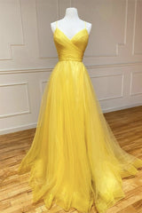 Yellow A Line Prom Dress Sleeveless Halter Neck Formal Dress