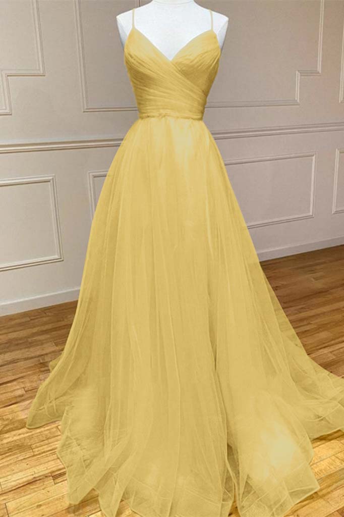 Yellow A Line Prom Dress Sleeveless Halter Neck Formal Dress