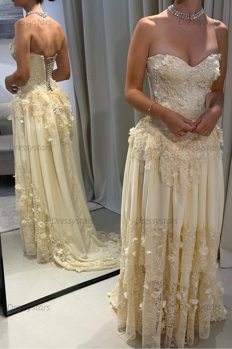 Yellow A Line Prom Dress Sleeveless Sweetheart Formal Dress With Lace Appliques