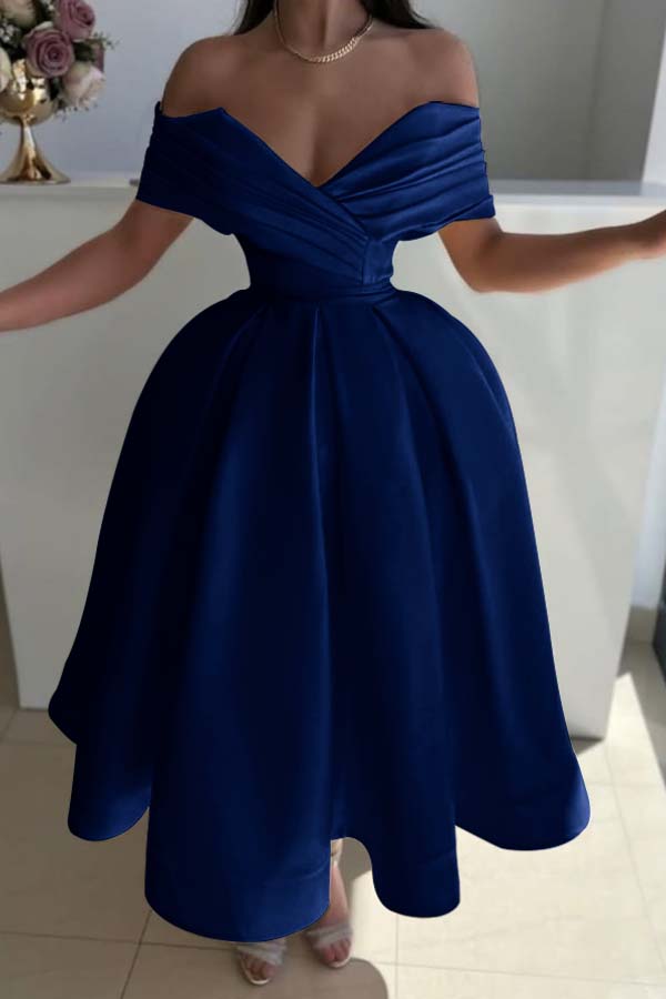 Yellow Ball Gown Prom Dress Cap Sleeve Off the Shoulder Satin Tea Length Formal Dress