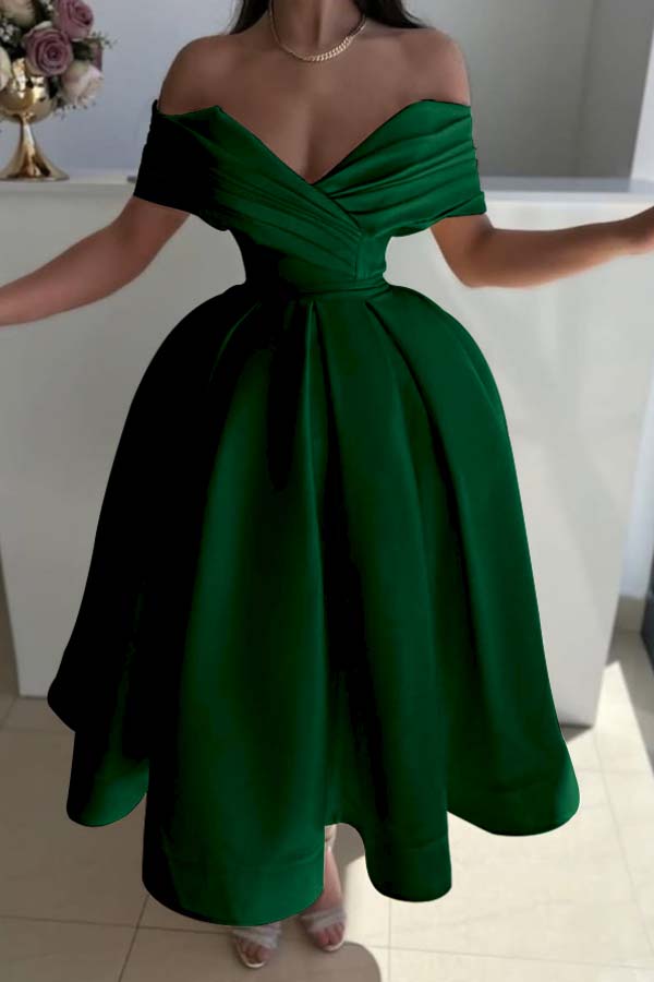 Yellow Ball Gown Prom Dress Cap Sleeve Off the Shoulder Satin Tea Length Formal Dress