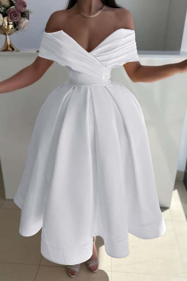 Yellow Ball Gown Prom Dress Cap Sleeve Off the Shoulder Satin Tea Length Formal Dress