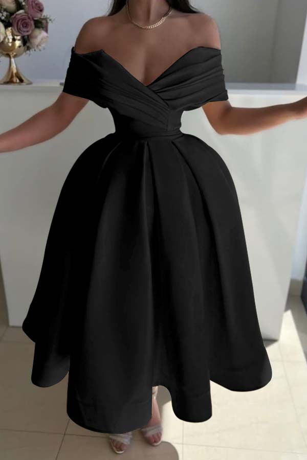 Yellow Ball Gown Prom Dress Cap Sleeve Off the Shoulder Satin Tea Length Formal Dress