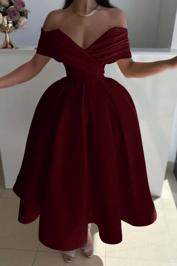 Yellow Ball Gown Prom Dress Cap Sleeve Off the Shoulder Satin Tea Length Formal Dress