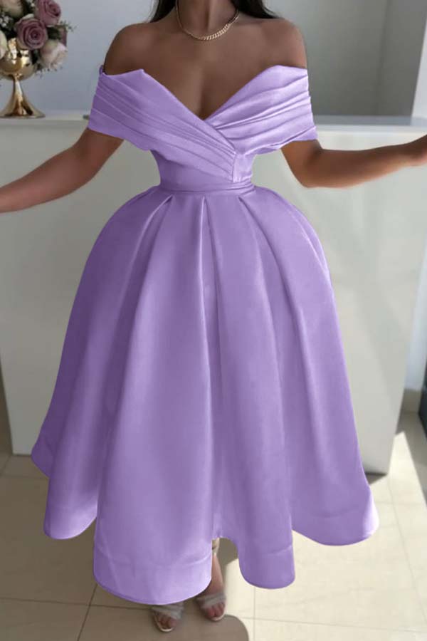 Yellow Ball Gown Prom Dress Cap Sleeve Off the Shoulder Satin Tea Length Formal Dress