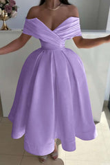 Yellow Ball Gown Prom Dress Cap Sleeve Off the Shoulder Satin Tea Length Formal Dress