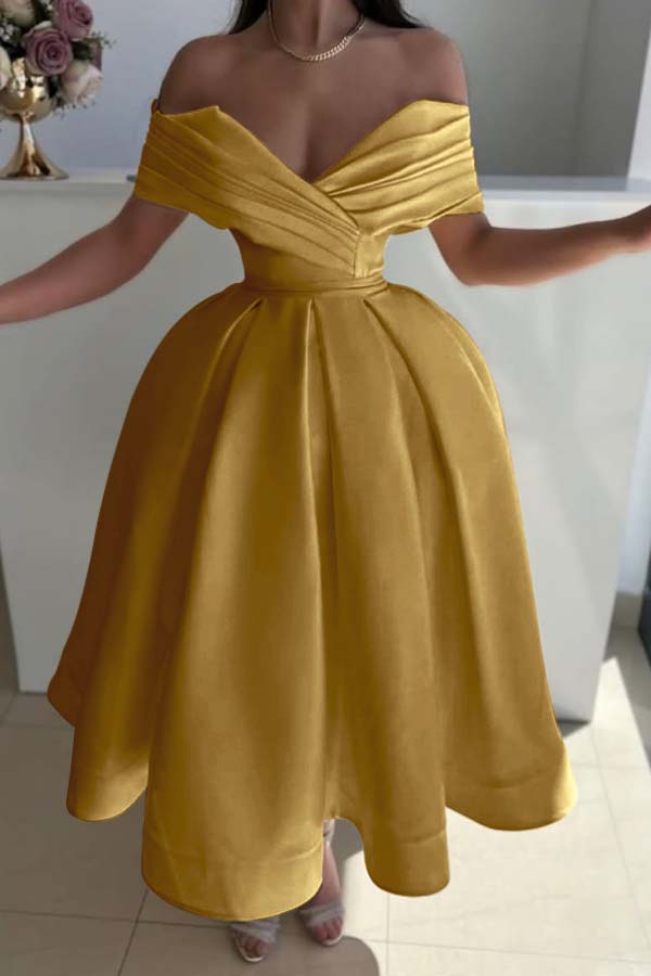 Yellow Ball Gown Prom Dress Cap Sleeve Off the Shoulder Satin Tea Length Formal Dress
