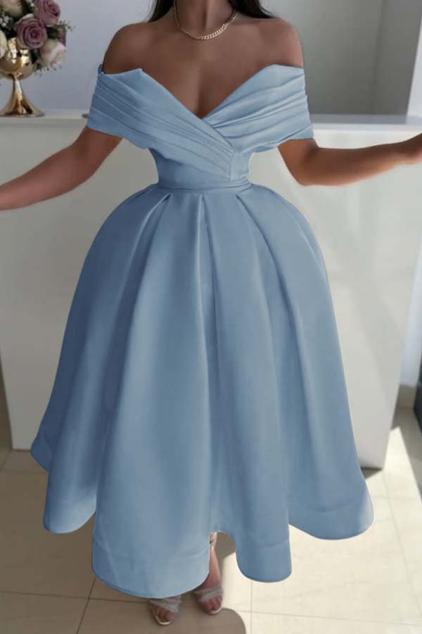 Yellow Ball Gown Prom Dress Cap Sleeve Off the Shoulder Satin Tea Length Formal Dress