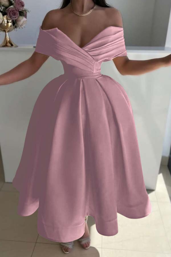 Yellow Ball Gown Prom Dress Cap Sleeve Off the Shoulder Satin Tea Length Formal Dress