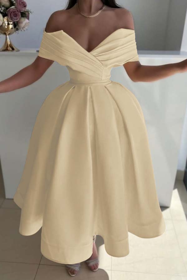 Yellow Ball Gown Prom Dress Cap Sleeve Off the Shoulder Satin Tea Length Formal Dress