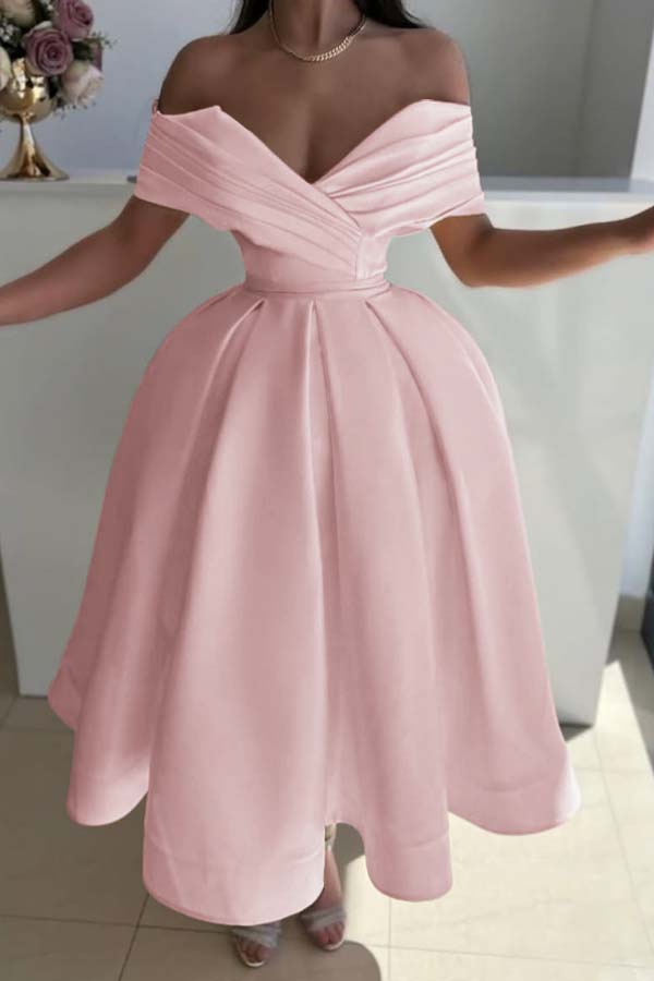 Yellow Ball Gown Prom Dress Cap Sleeve Off the Shoulder Satin Tea Length Formal Dress