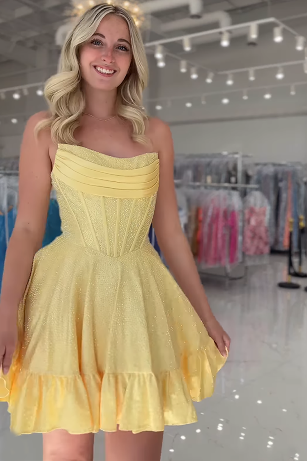 Yellow Beaded Homecoming Dresses Strapless Short Corset Cocktail Dresses