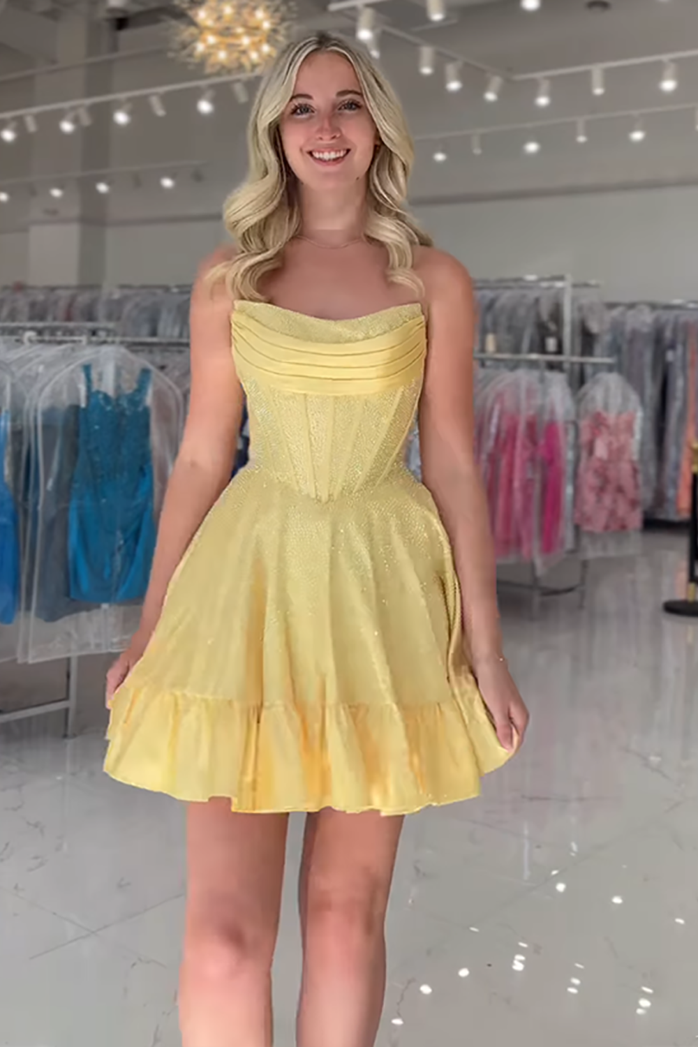 Yellow Beaded Homecoming Dresses Strapless Short Corset Cocktail Dresses