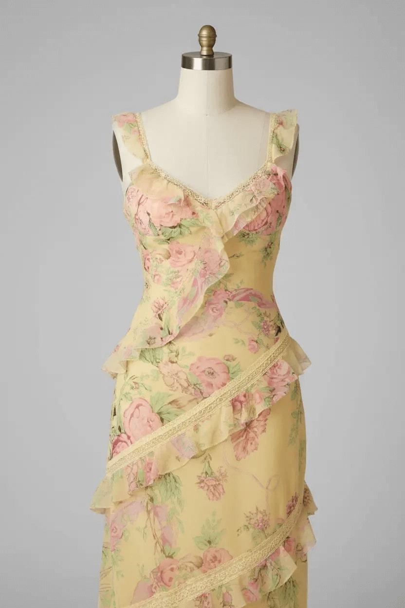 Yellow Floral Printed Prom Dress Sheath/Column Ruffled V Neck Formal Dress