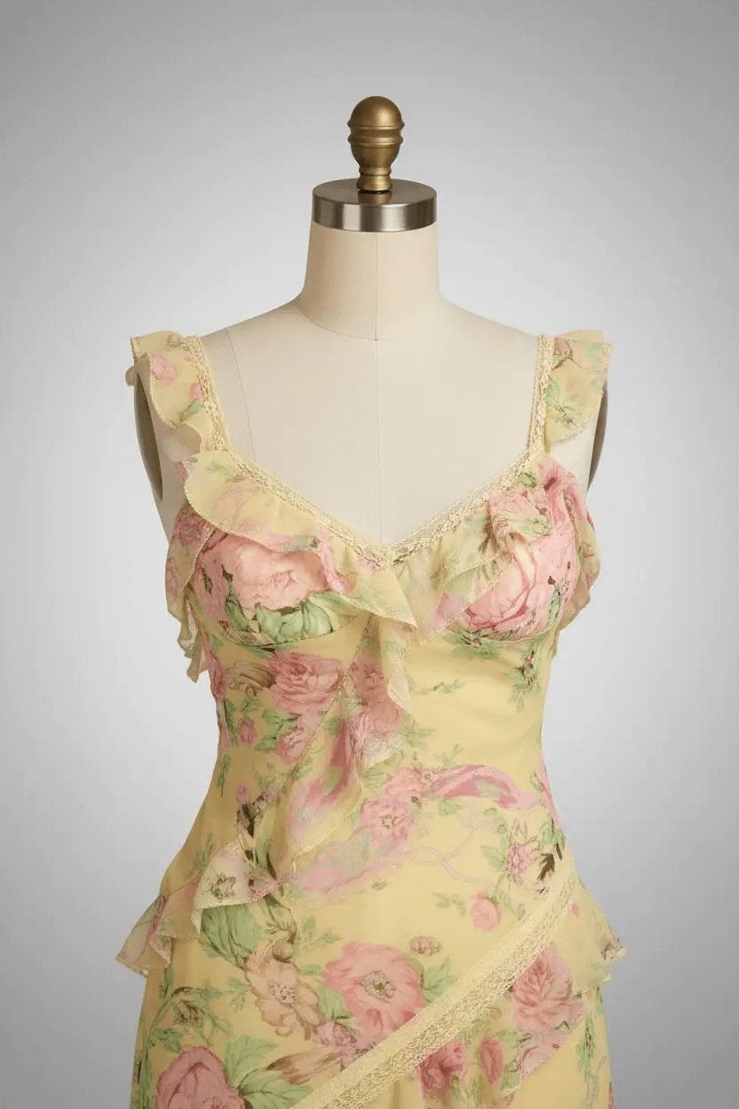 Yellow Floral Printed Prom Dress Sheath/Column Ruffled V Neck Formal Dress