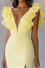 Yellow Formal Dress Chiffon V-Neck Long Mermaid Ruffles Wedding Guest Dress With Slit