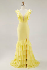Yellow Formal Dress Chiffon V-Neck Long Mermaid Ruffles Wedding Guest Dress With Slit