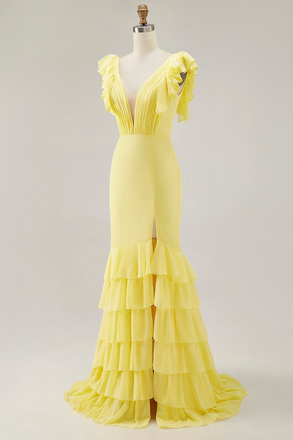 Yellow Formal Dress Chiffon V-Neck Long Mermaid Ruffles Wedding Guest Dress With Slit