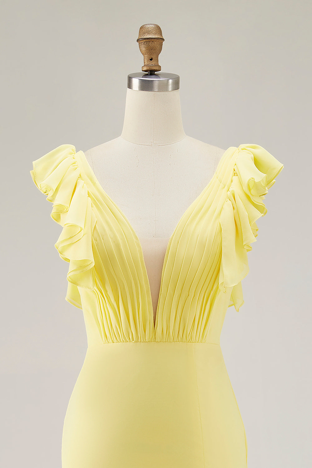 Yellow Formal Dress Chiffon V-Neck Long Mermaid Ruffles Wedding Guest Dress With Slit