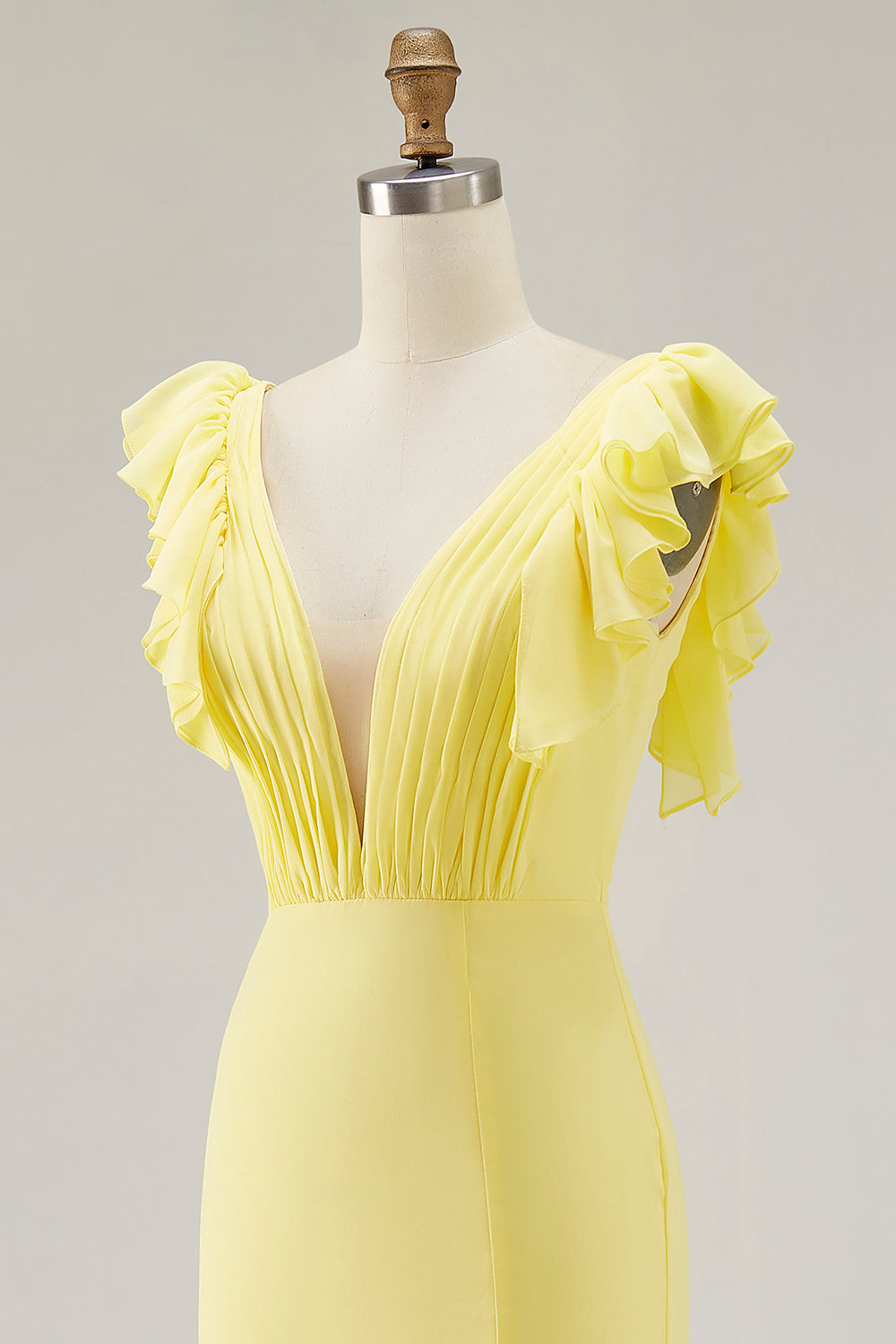 Yellow Formal Dress Chiffon V-Neck Long Mermaid Ruffles Wedding Guest Dress With Slit