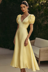 Yellow Formal Dress Satin A Line V-Neck Long Wedding Guest Dress With Puff Sleeves