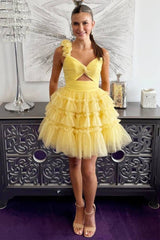 Yellow Homecoming Dress One Shoulder Ruffled A-Line Short Prom Dress