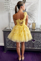Yellow Homecoming Dress One Shoulder Ruffled A-Line Short Prom Dress
