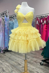 Yellow Homecoming Dress One Shoulder Ruffled A-Line Short Prom Dress