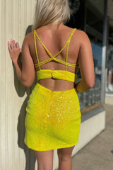 Yellow Homecoming Dresses Deep V-Neck Sequin Tight Cocktail Dresses