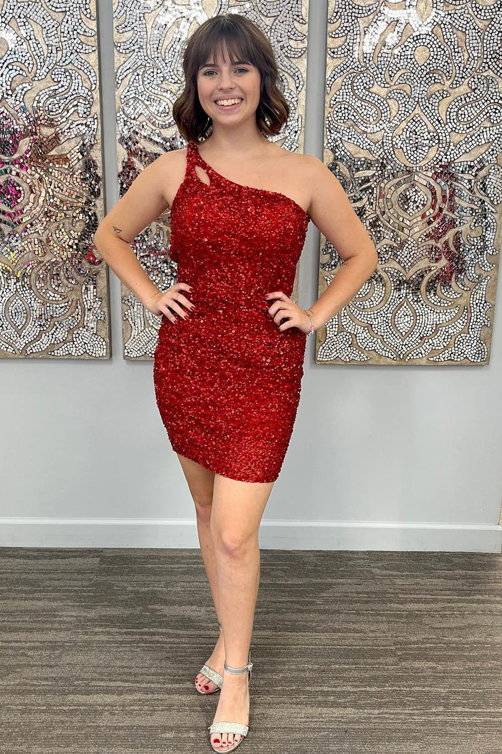 Yellow Homecoming Dresses Open Back One Shoulder Sequin Tight Cocktail Dresses